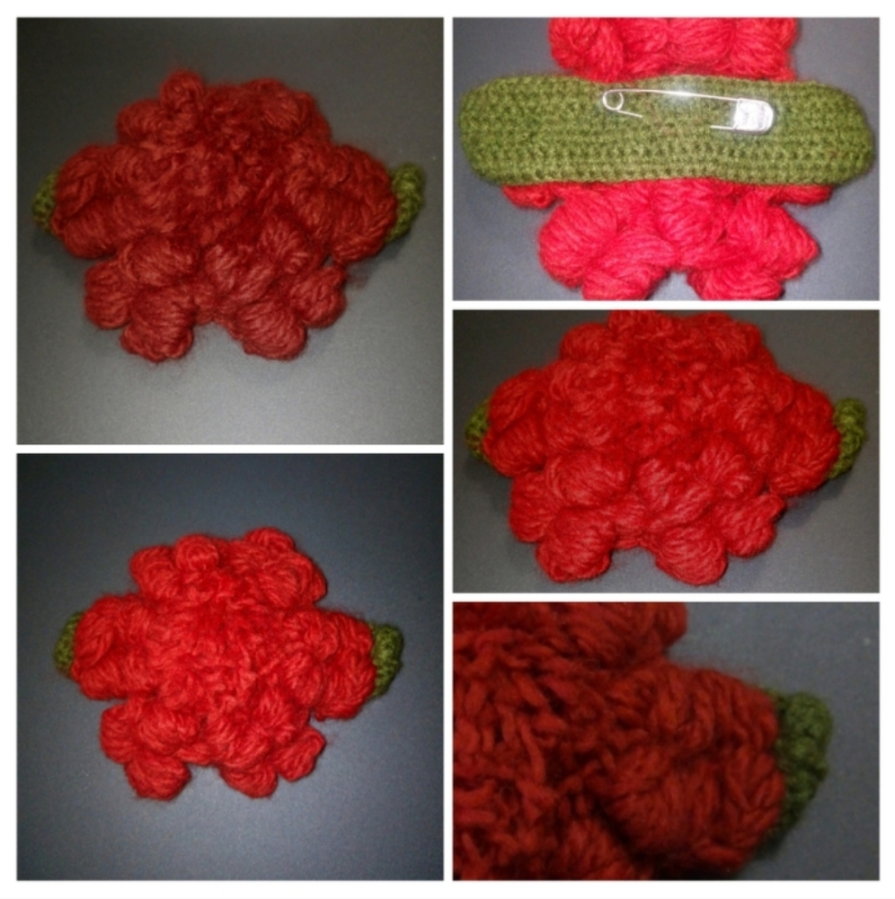 Red Crochet Large Flower Pin Brooch With Green Leaf NEW